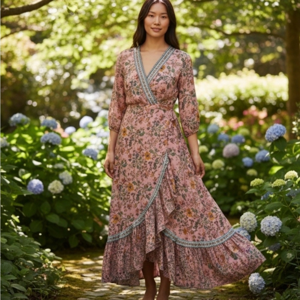 FARM RIO x Anthropologie Clara Floral Wrap Maxi Dress - Pink
